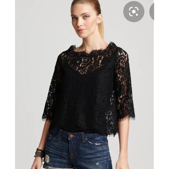 Joie Elvia Black Lace Top Size Small Metallic Button Back Cropped Sheer - Picture 7 of 12